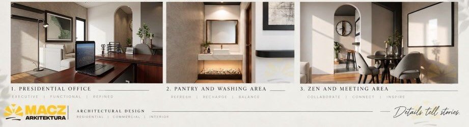 Three design renders: the presidential office desk, the pantry and washing area, and the meeting area