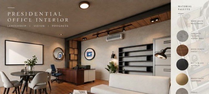 Design render of the presidential office: concrete-texture wall, timber ceiling panels, desk, lounge and meeting table, with the material palette