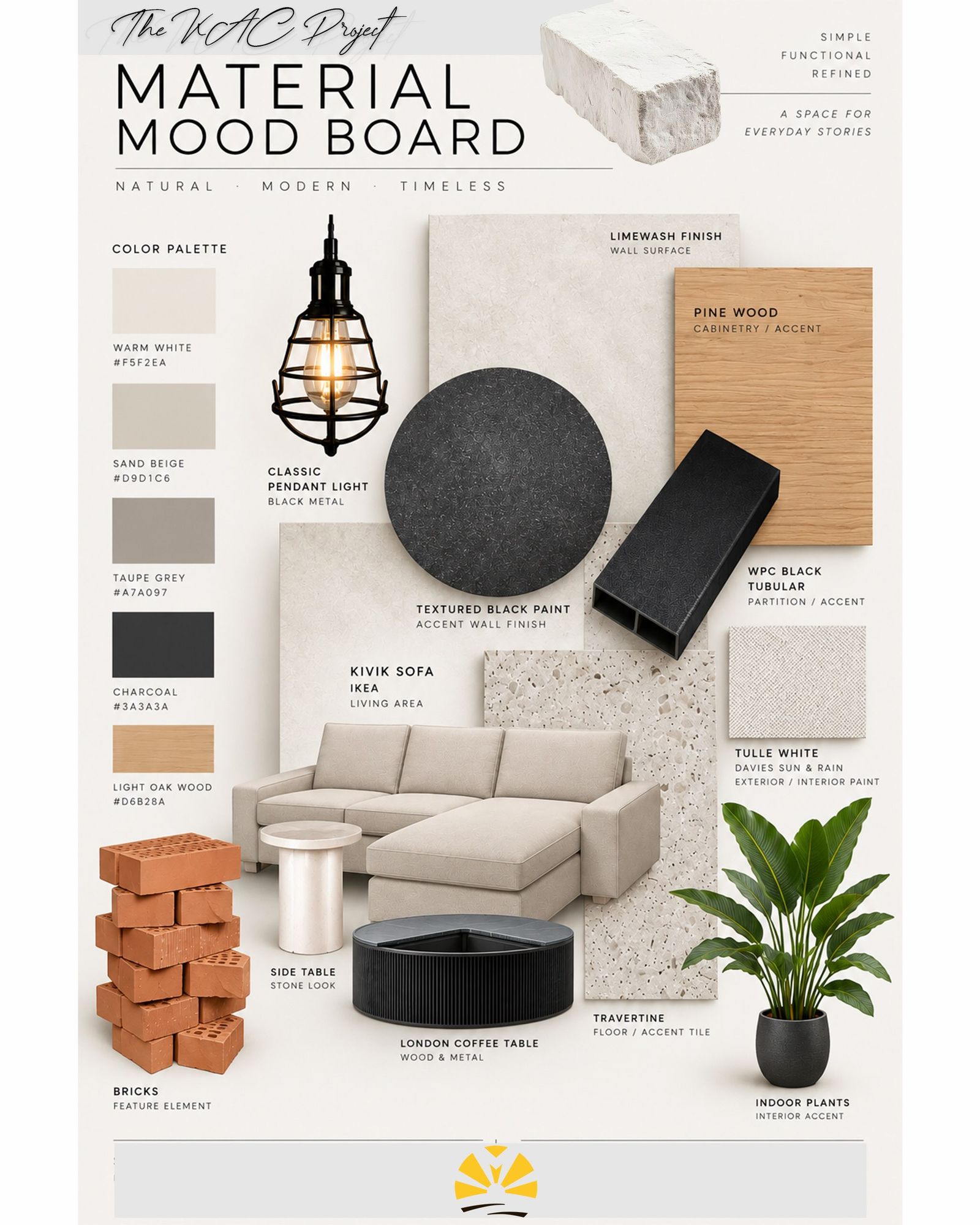 Material and mood board for The KAC Project: timber, concrete, black metal and textile samples
