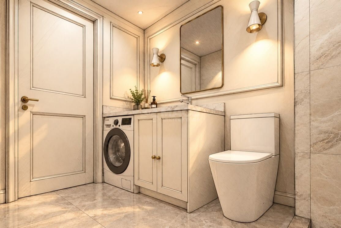 Design render of a bathroom with a wall-hung toilet, stacked washer and marble-look tiles