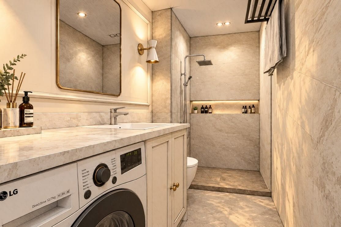 Design render of a cream bathroom with marble vanity, brass mirror and walk-in shower