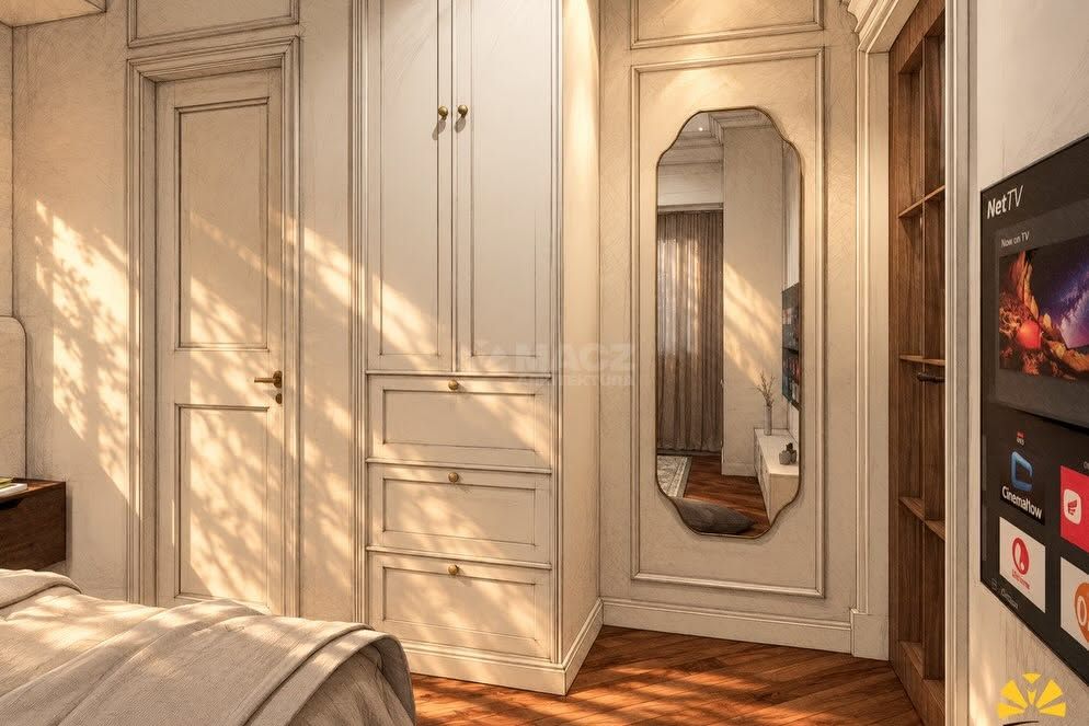 Design render of a bedroom with full-height wardrobes and a tall framed mirror