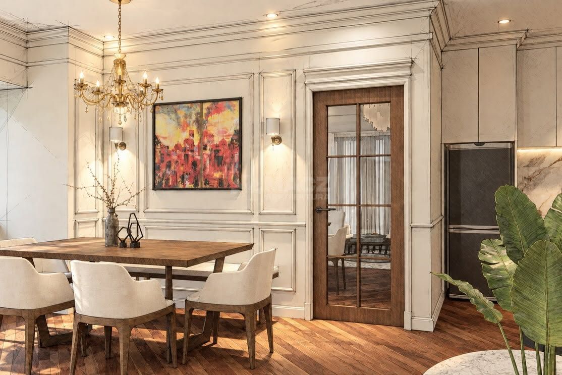 Design render of a dining room with panelled cream walls, brass chandelier, walnut table and a glazed timber door