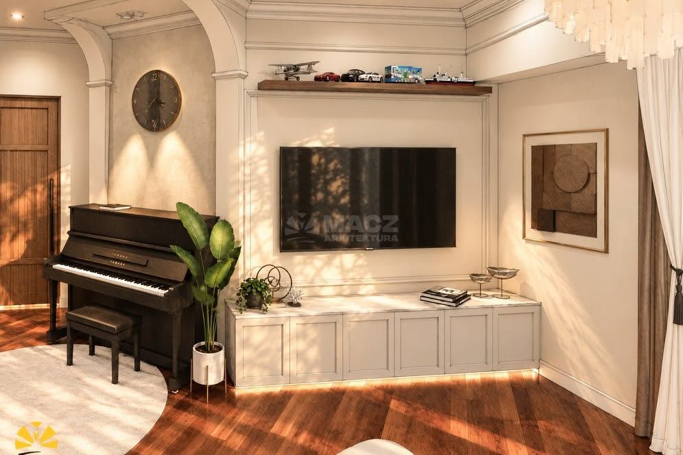 Design render of the living room: panelled TV wall, built-in shelving and an upright piano
