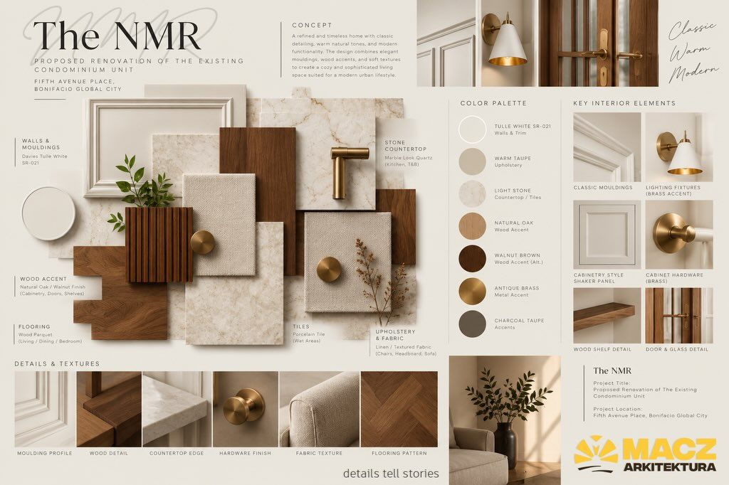 Concept and material board for The NMR Project: wood, stone, brass and paint samples
